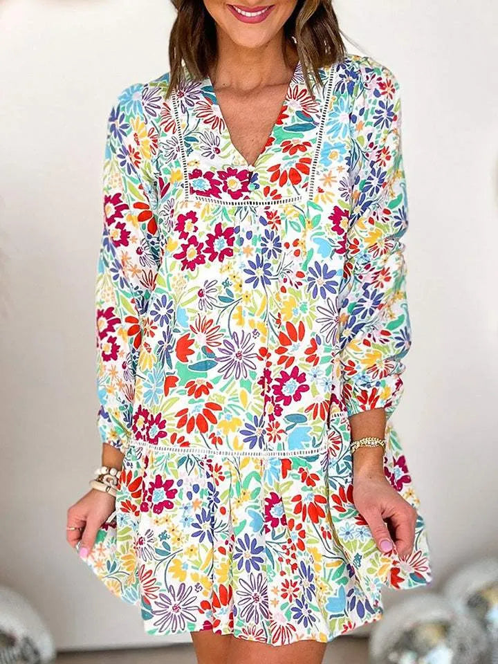 V-Neck Floral Print Long Sleeve Mini Dress Multicolor Casual Dresses - Tophatter Daily Deals